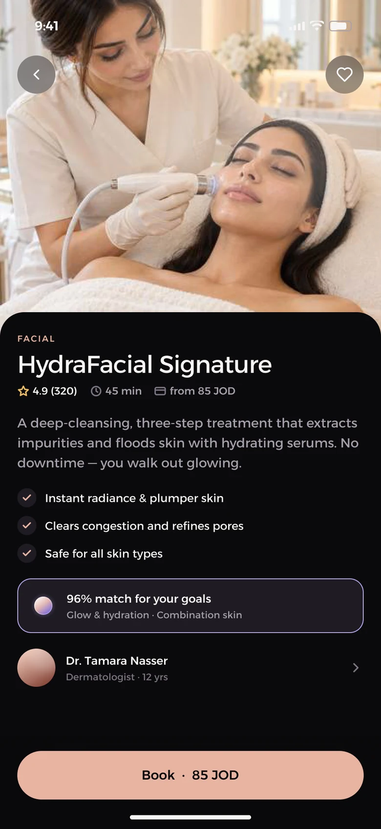 HydraFacial treatment detail screen