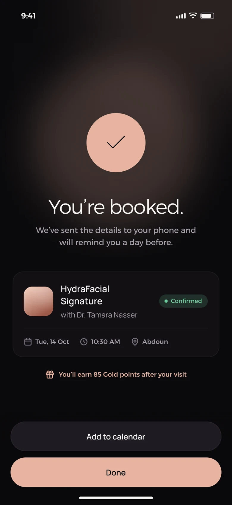 Booking confirmed screen