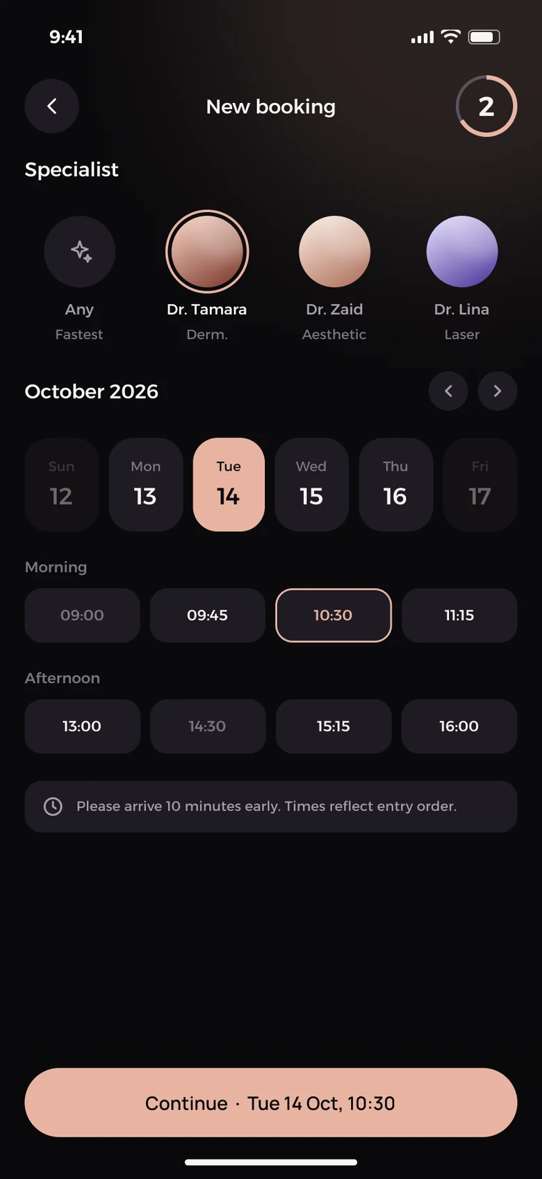 Choose date and time screen
