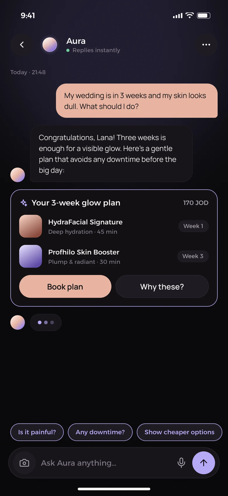 Aura AI chat suggesting a 3-week glow plan