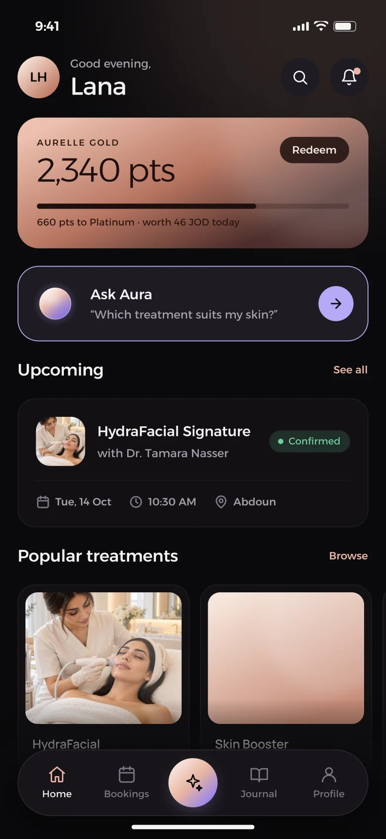 Aurelle home screen with loyalty points, Ask Aura and upcoming appointment